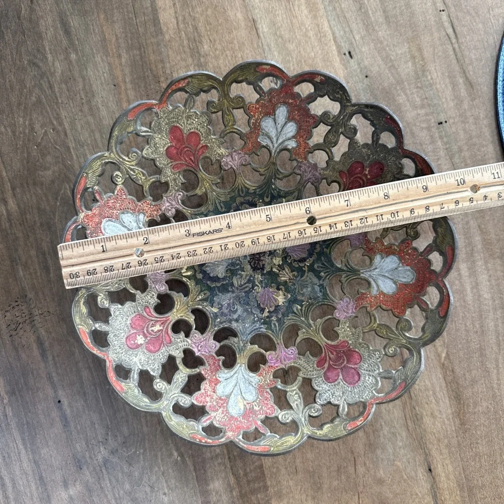 VINTAGE INDIA BRASS ENAMELED OPENWORK BOWL